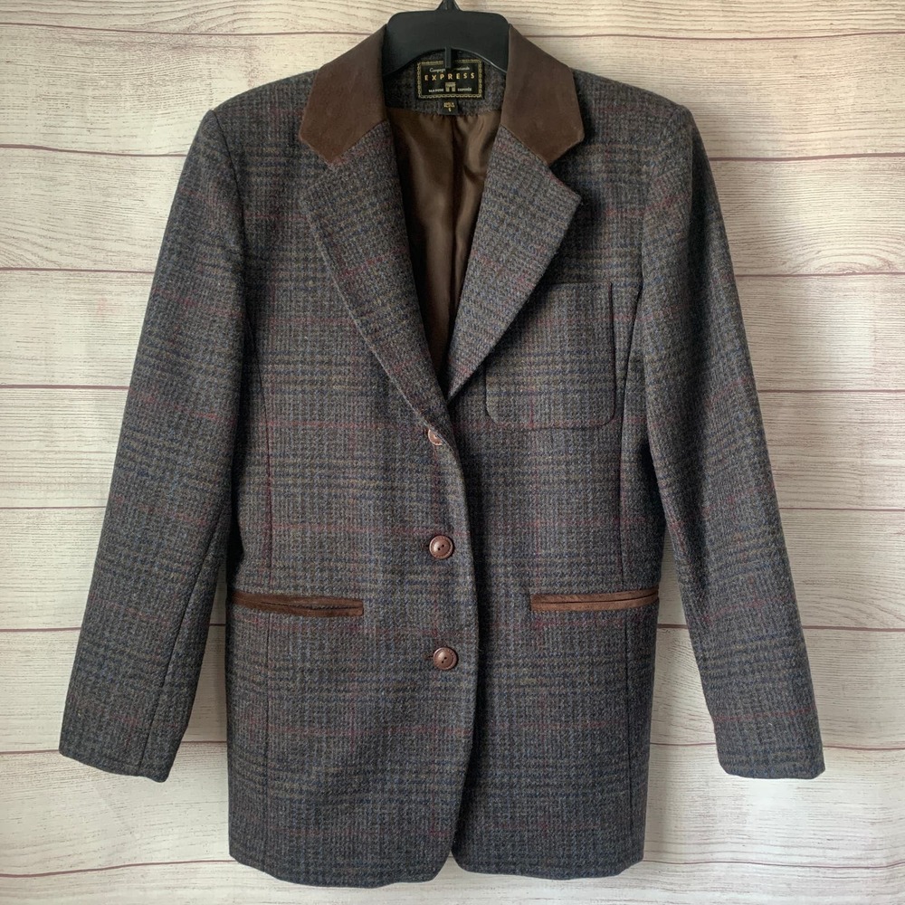 Express Vintage Wool Plaid Blazer Jacket Oversized Brown Suede Detail Size Small